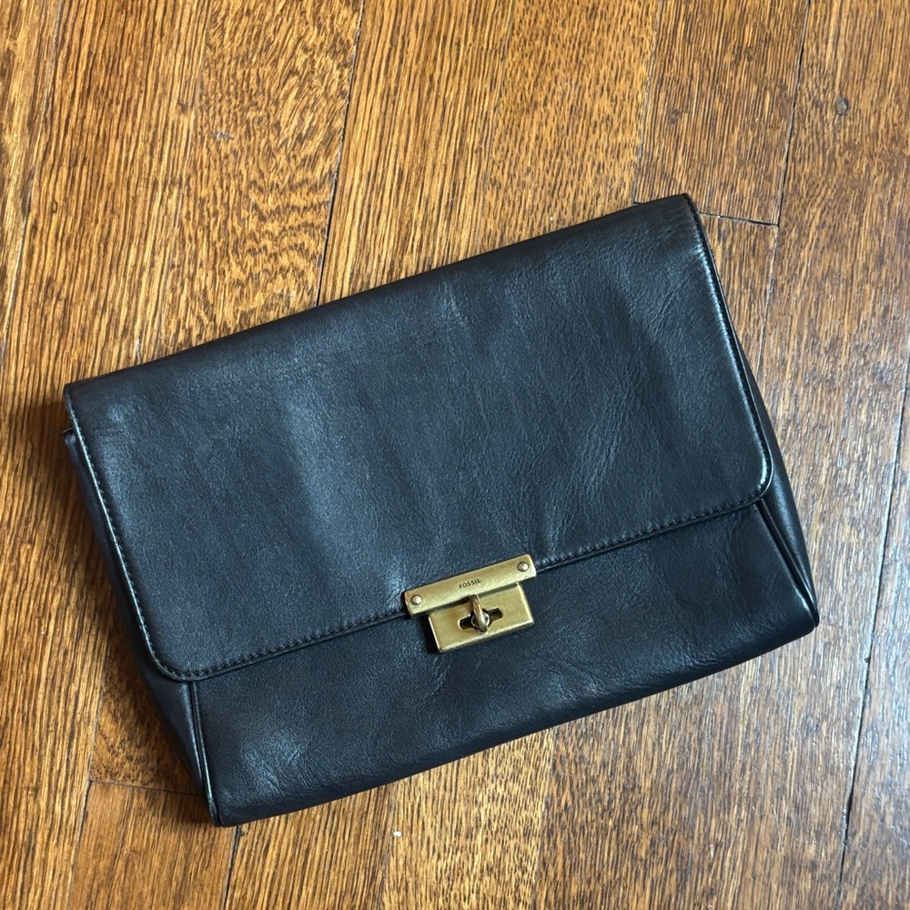 Fossil Black Leather Clutch with Gold Accent